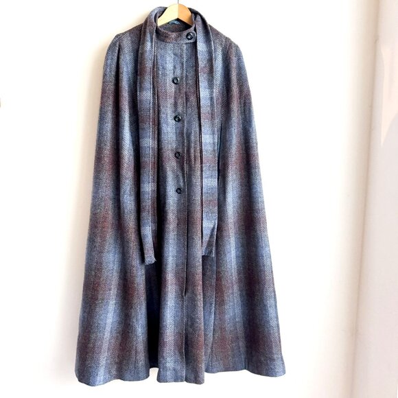 Vintage Avoca Collection Pre New Wool Blue Brown Midi Cape L - Picture 1 of 6